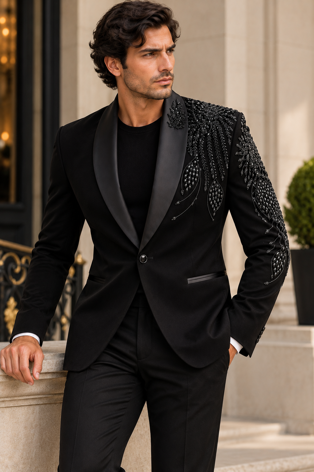 Black Tonal Leaf Embroidered Blazer Product Pack