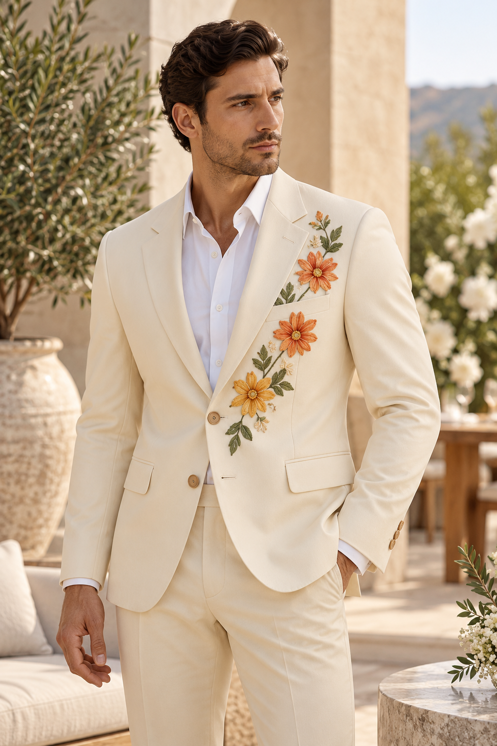 Ivory Cream Warm Floral Embroidered Blazer