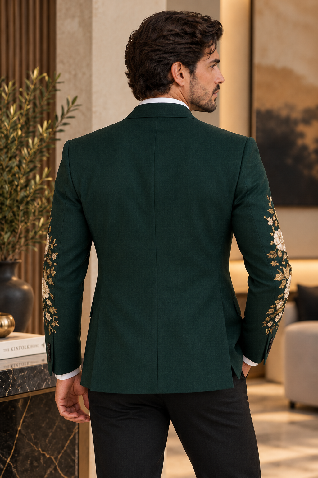 Dark Green Cream Floral Embroidered Blazer