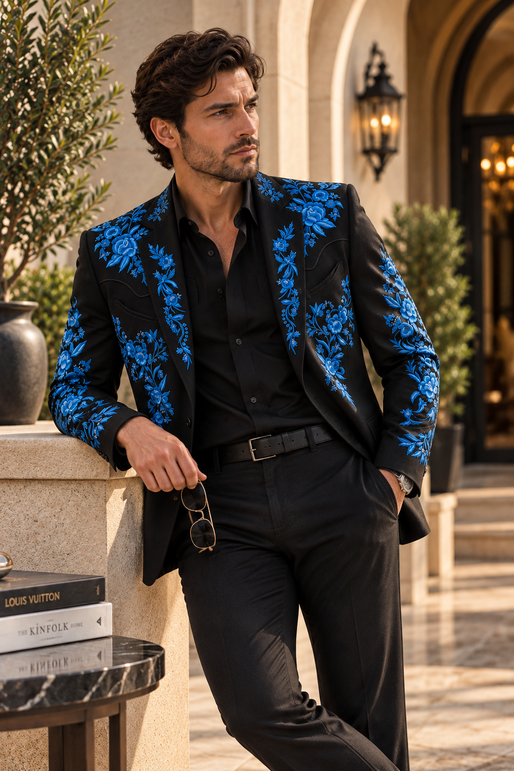 Black Blue Floral Embroidered Blazer