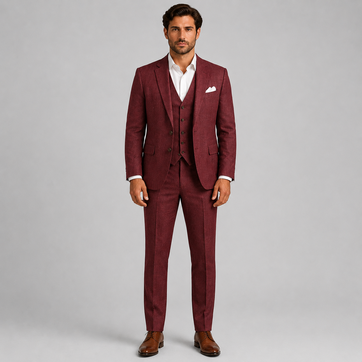 Burgundy Linen Wedding Suit – 3-Piece Tailored Fit | VogueNThreads