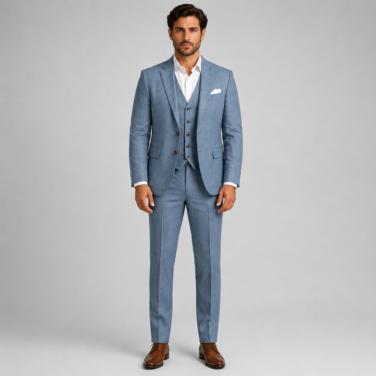 Dusty Blue Linen Wedding Suit – 3-Piece Tailored Fit | VogueNThreads