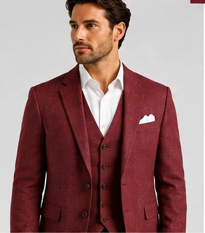 Burgundy Linen Wedding Suit – 3-Piece Tailored Fit | VogueNThreads