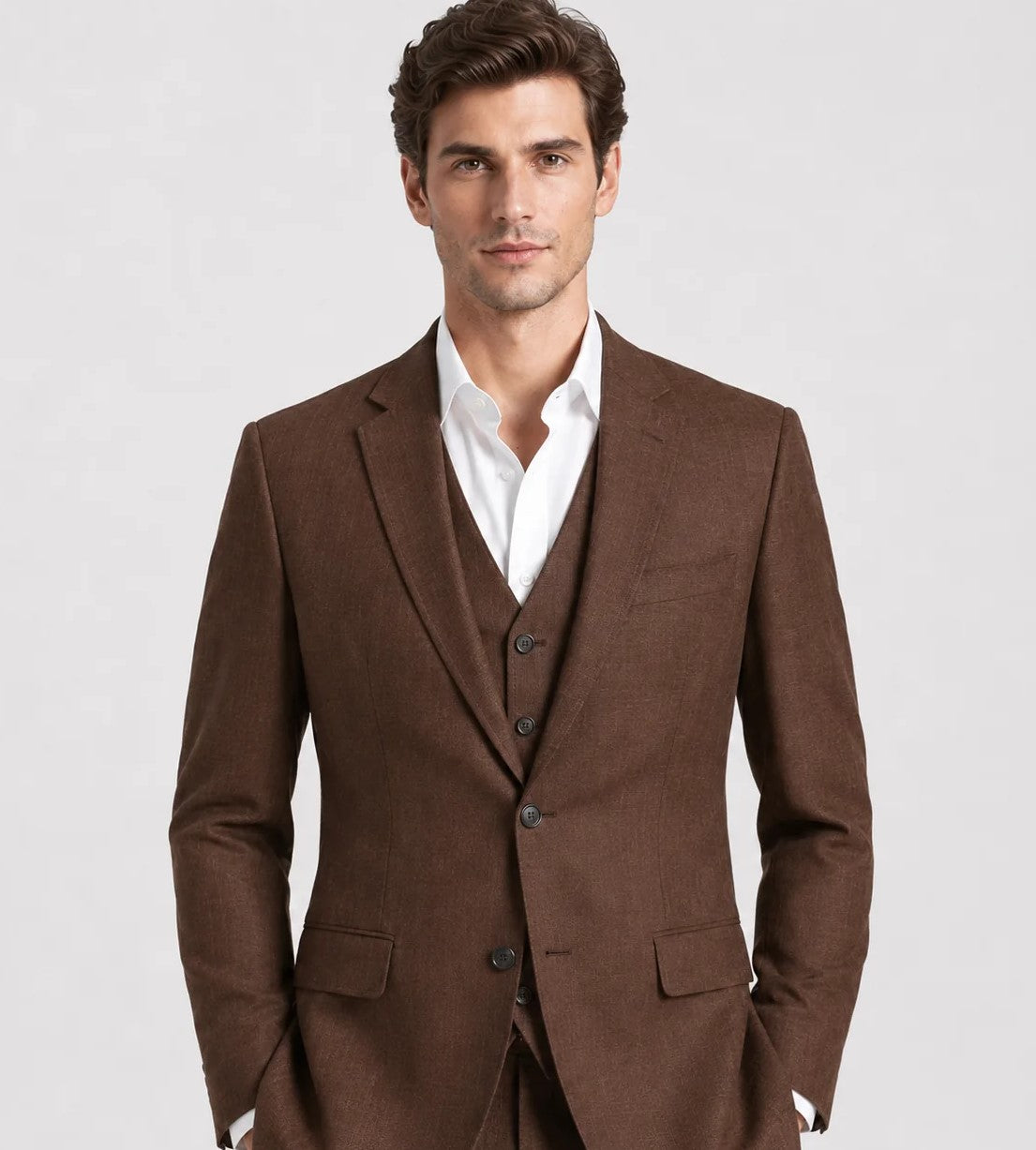 Chocolate Brown Linen Wedding Suit – 3-Piece Style | VogueNThreads