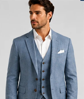 Dusty Blue Linen Wedding Suit – 3-Piece Tailored Fit | VogueNThreads