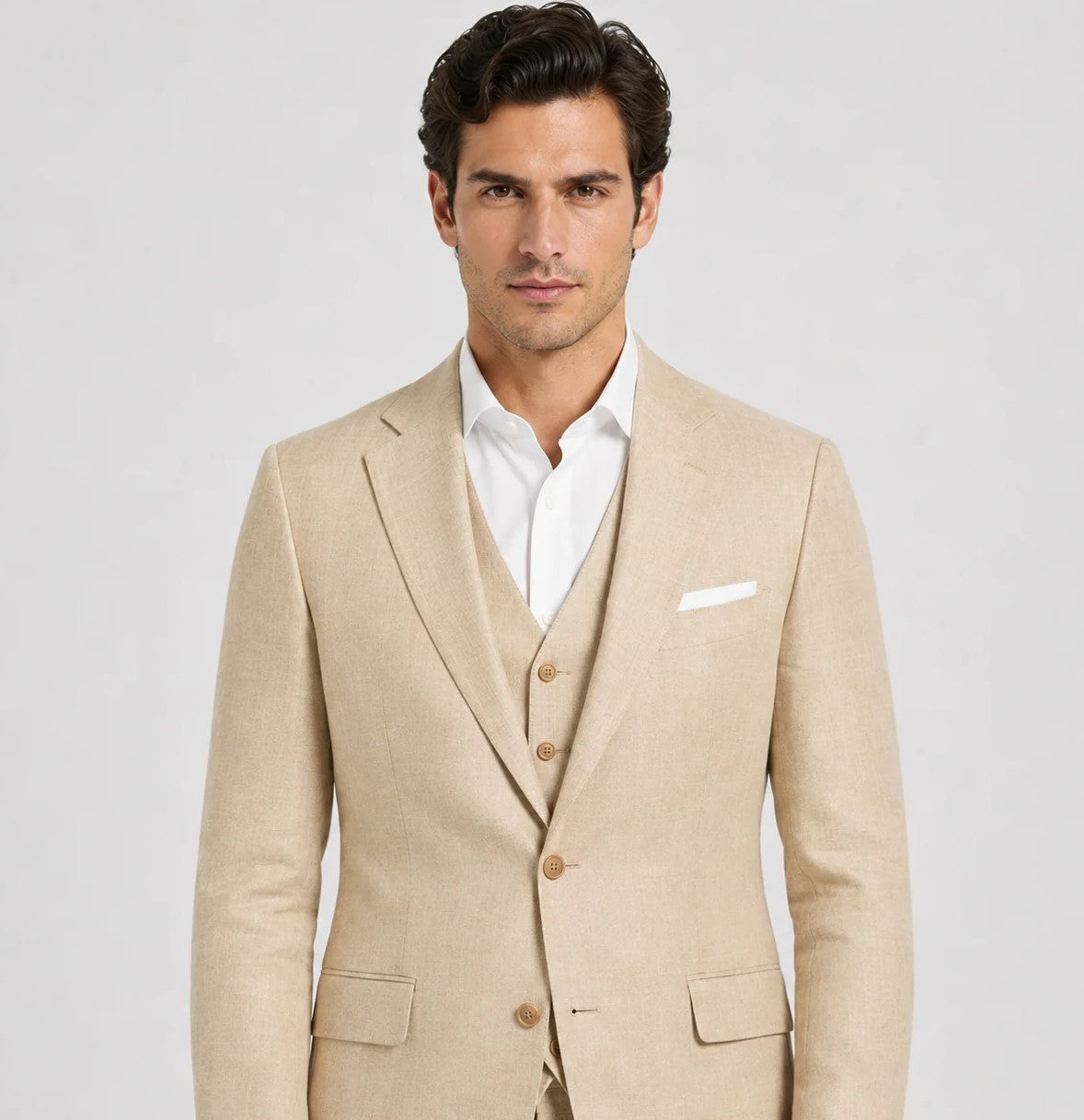 Stone Linen Wedding Suit – 3-Piece Tailored Fit | VogueNThreads