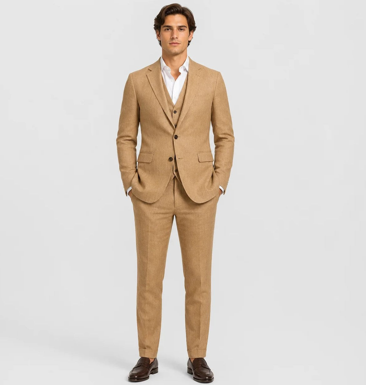 Camel 3-Piece Linen Wedding Suit | VogueNThreads