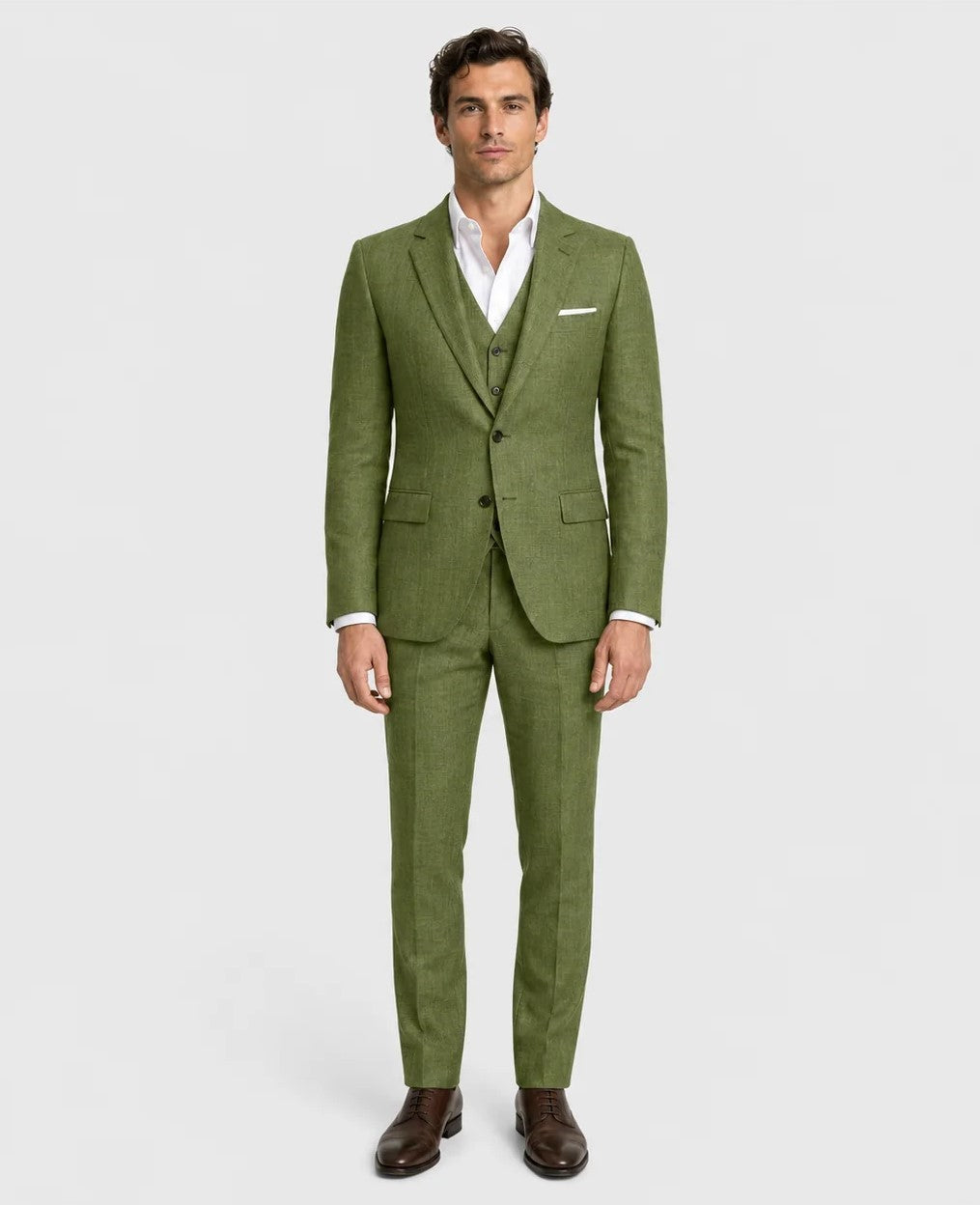 Olive Green Linen Wedding Suit – 3-Piece Tailored Fit | VogueNThreads