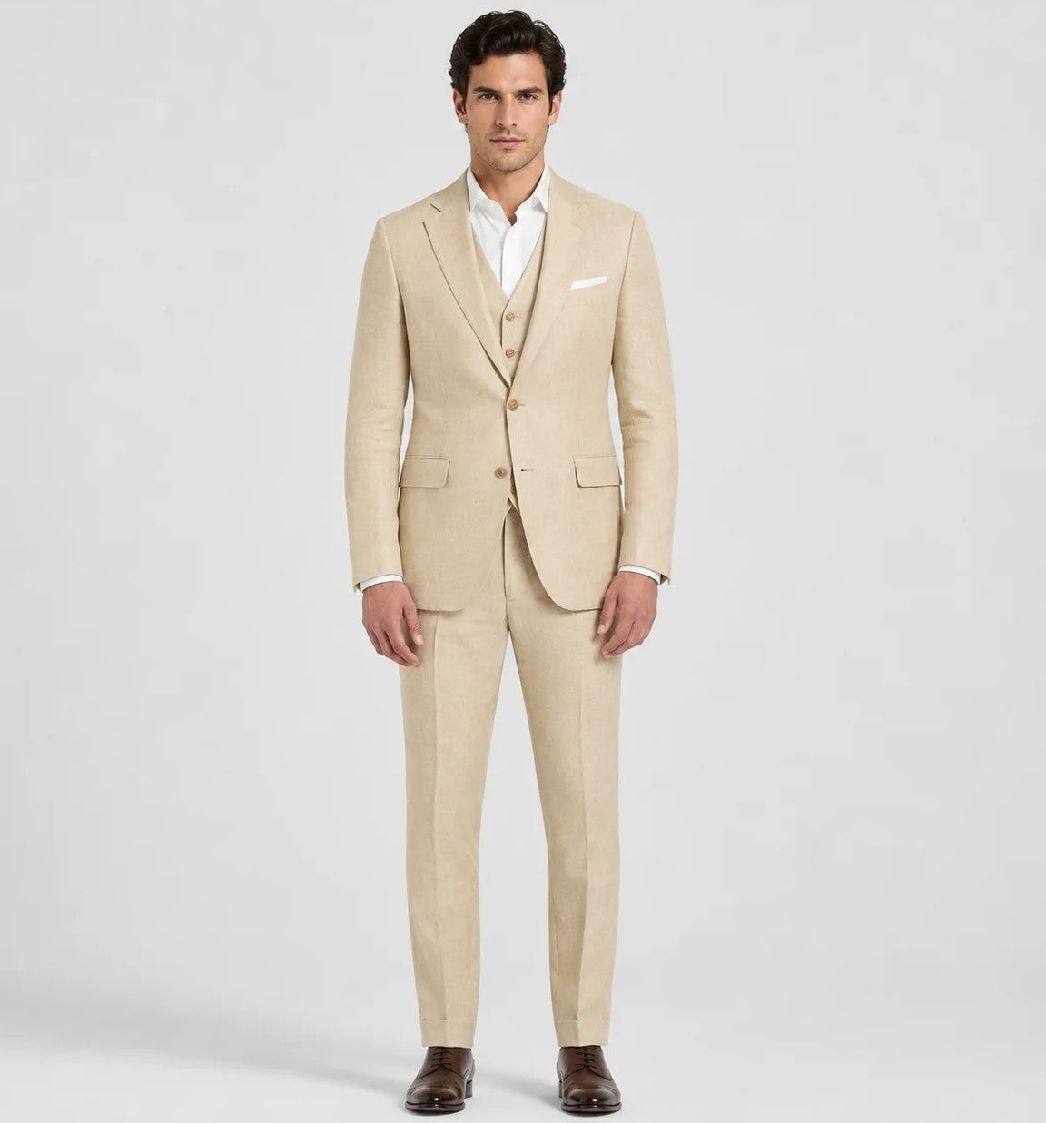 Stone Linen Wedding Suit – 3-Piece Tailored Fit | VogueNThreads