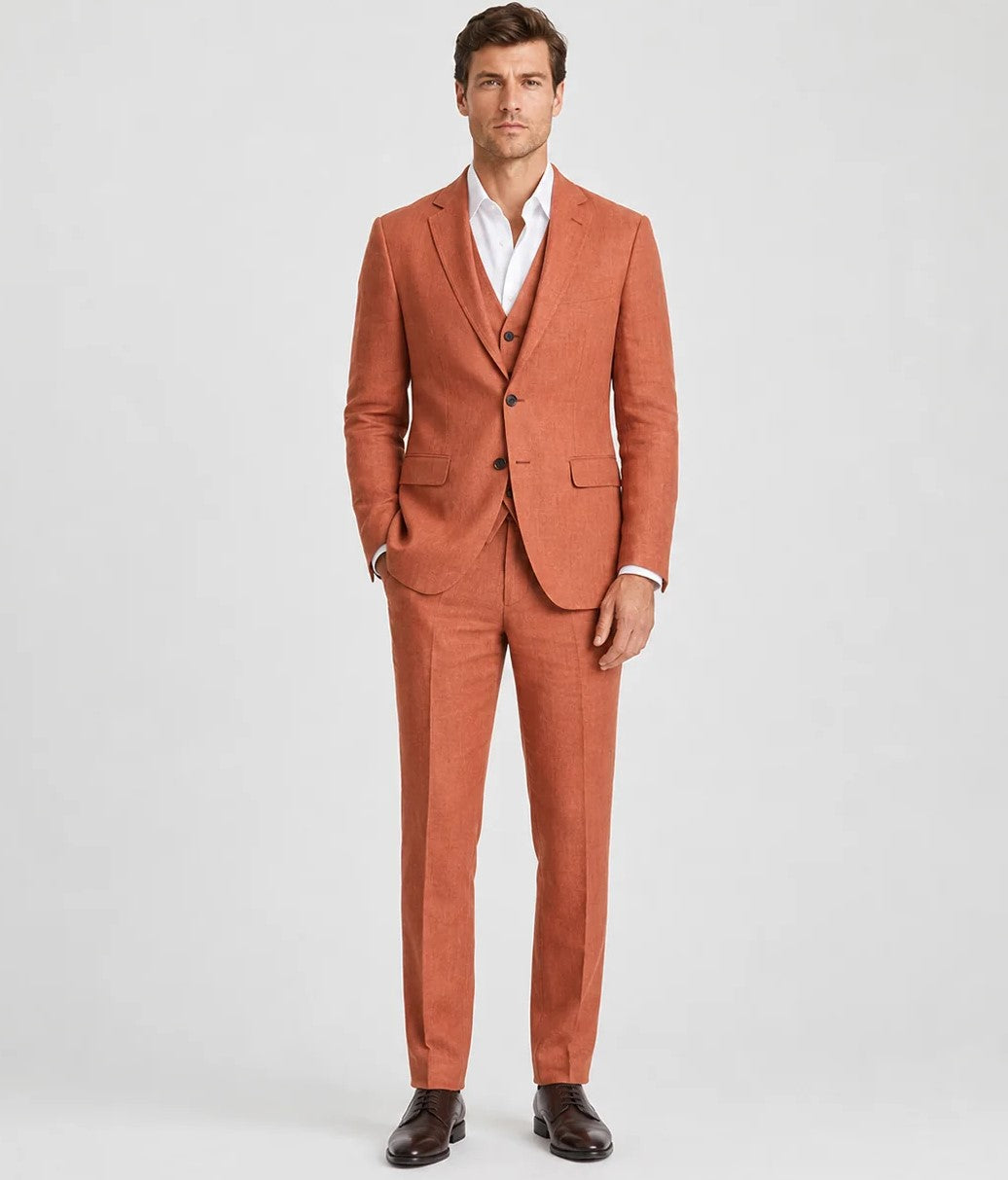 Terracotta Linen Wedding Suit – 3-Piece Occasion Style | VogueNThreads