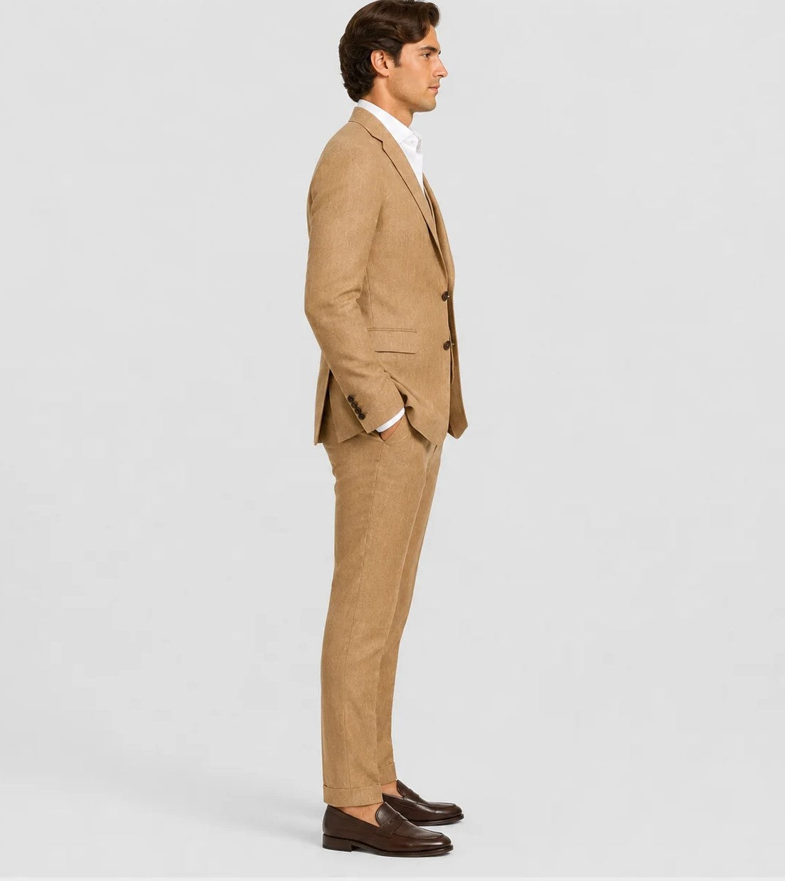 Camel 3-Piece Linen Wedding Suit | VogueNThreads