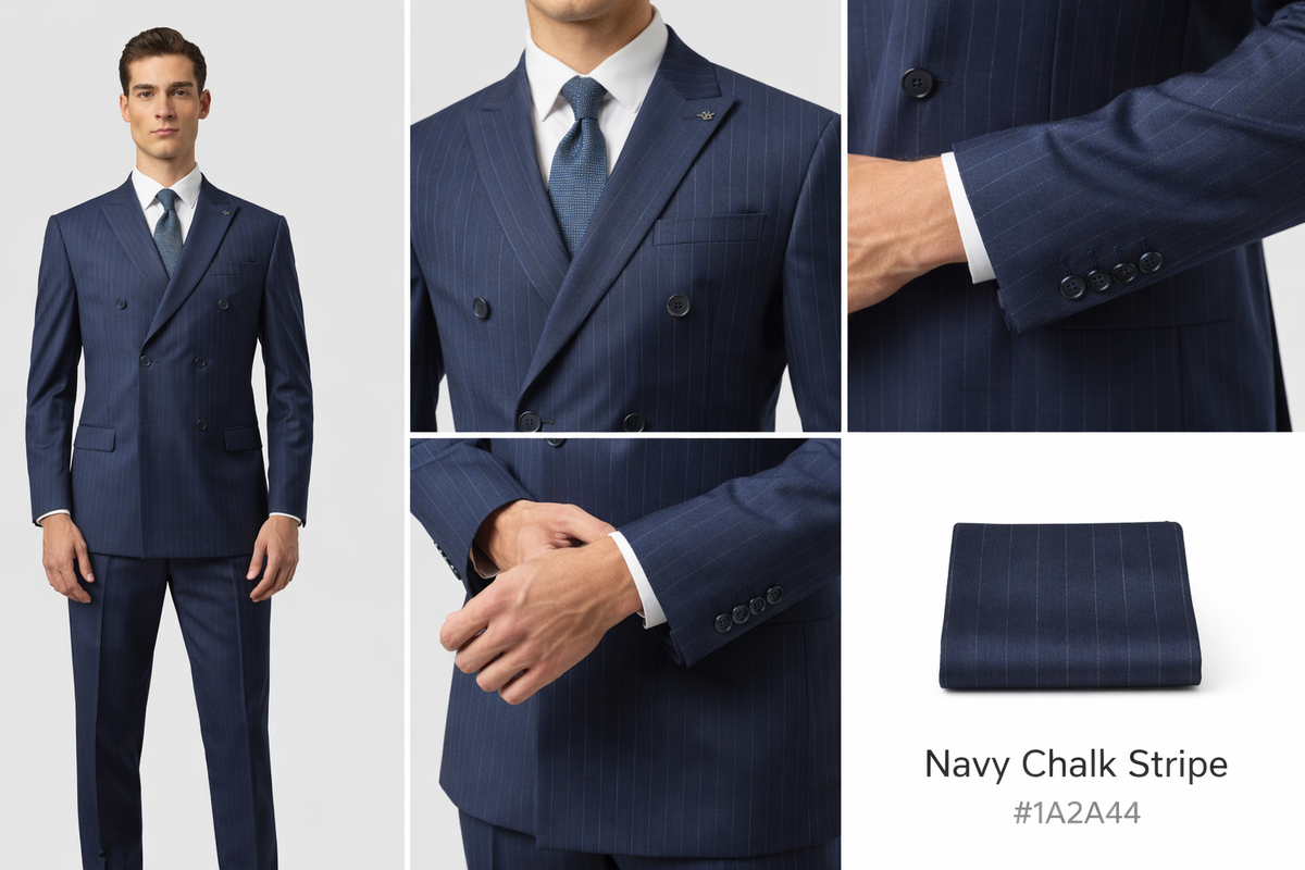 Slim Fit Navy Chalk Stripe Double Breasted Suit-Double Breasted-VogueNThreads