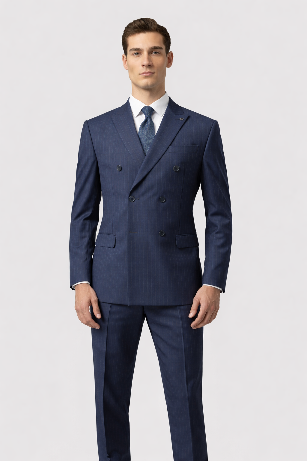 Slim Fit Navy Chalk Stripe Double Breasted Suit-Double Breasted-VogueNThreads